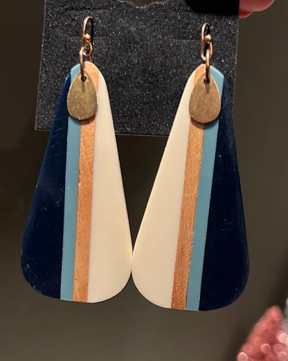 Navy Blue White Brown Wooden Acrylic Earrings with Gold
