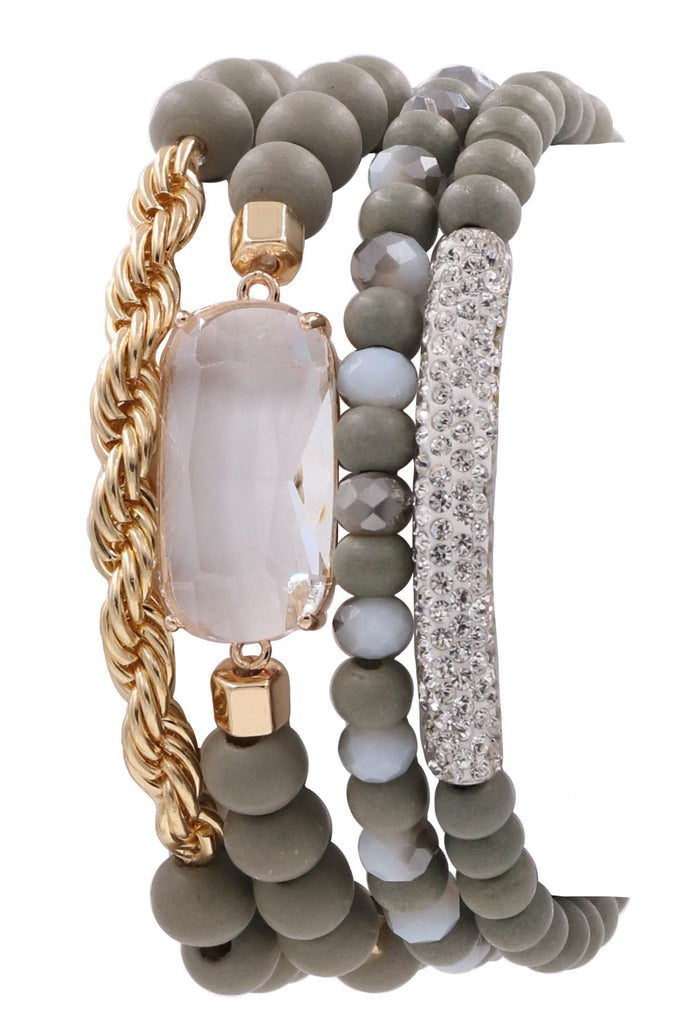 Grey Wood Bead Glass Jewel Stretch Bracelet Set