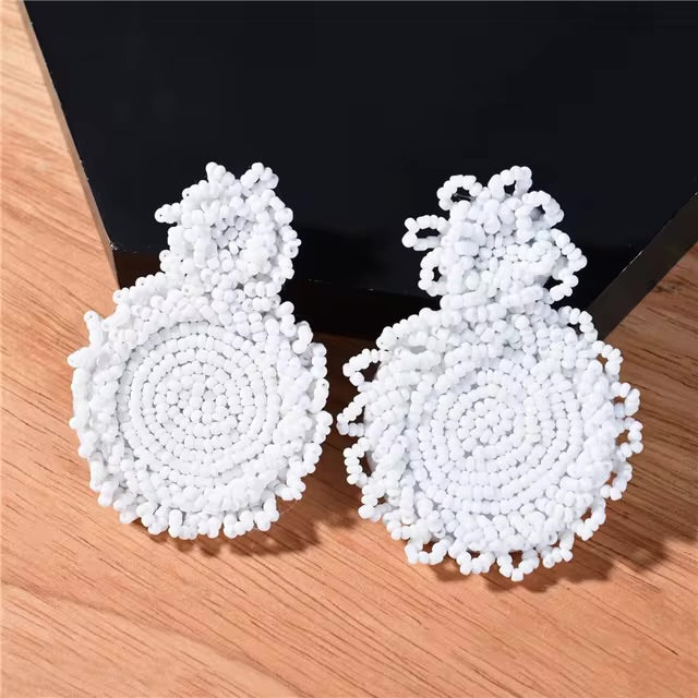 White Beaded Bohemian Seed Bead Statement Earrings