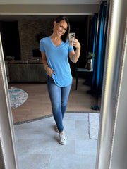 SAPPHIRE BLUE Heathered V Neck Semi Loose Fit Top