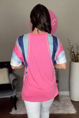 Pink Stripe Patchwork V Neck Top