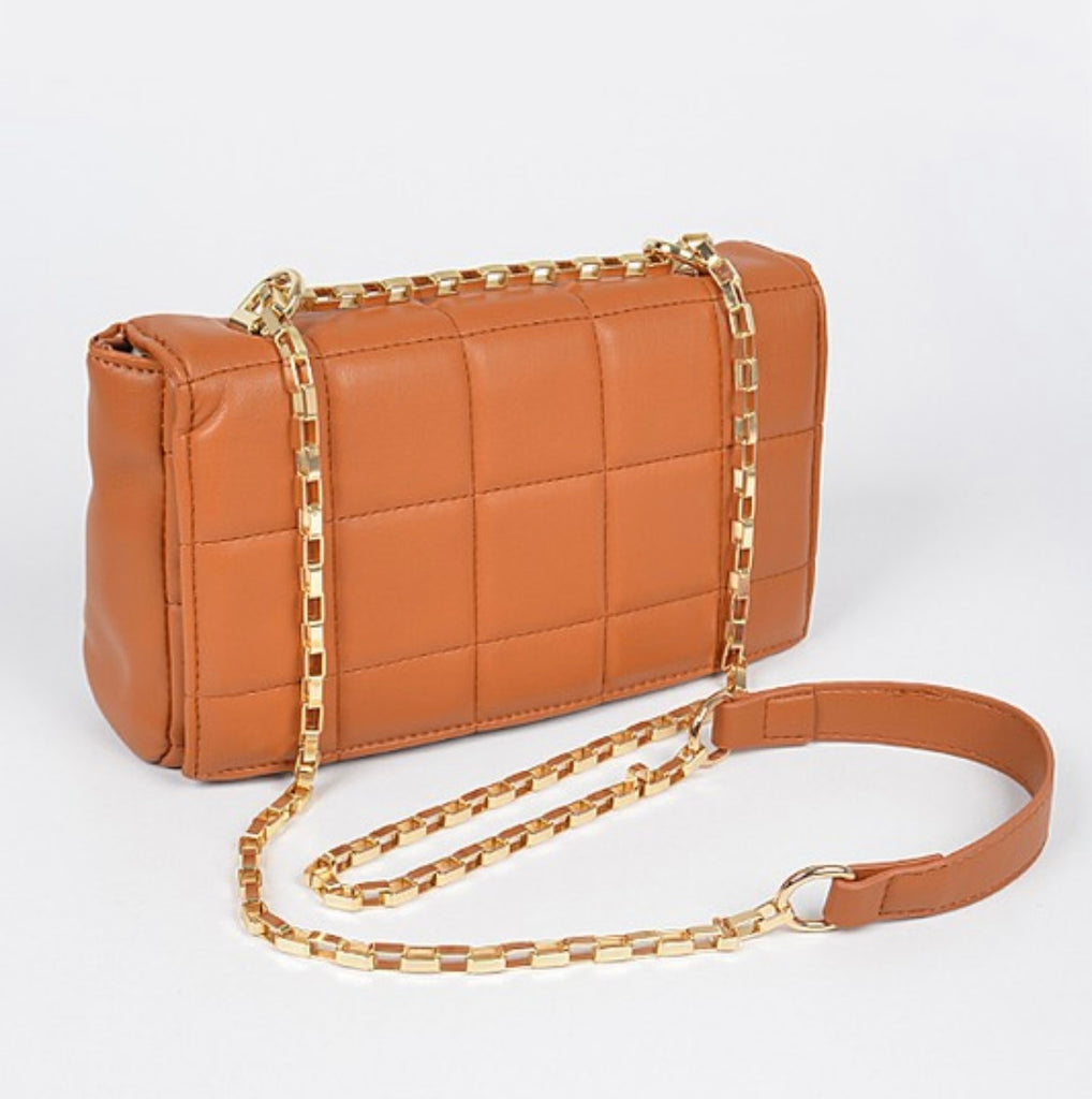 Camel Quilted Faux Leather Crossbody Bag