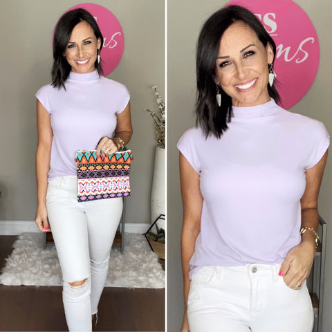 LAVENDER HALF TURTLE NECK SHORT SLEEVE RIBBED KNIT TOP