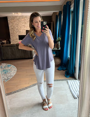 Grey Basic Short Sleeve V Neck Top With Round Hem
