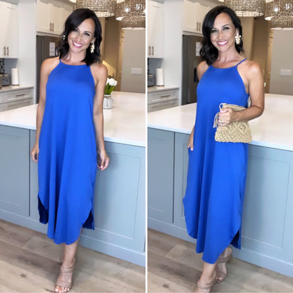 COBALT BLUE Halter Deep Slit Solid Midi Dress