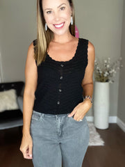 Black SCALLOP SLEEVELESS KNIT TOP