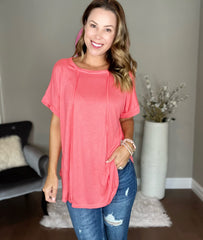 Coral Pink Round Neck Exposed Seam Sleeveless Top
