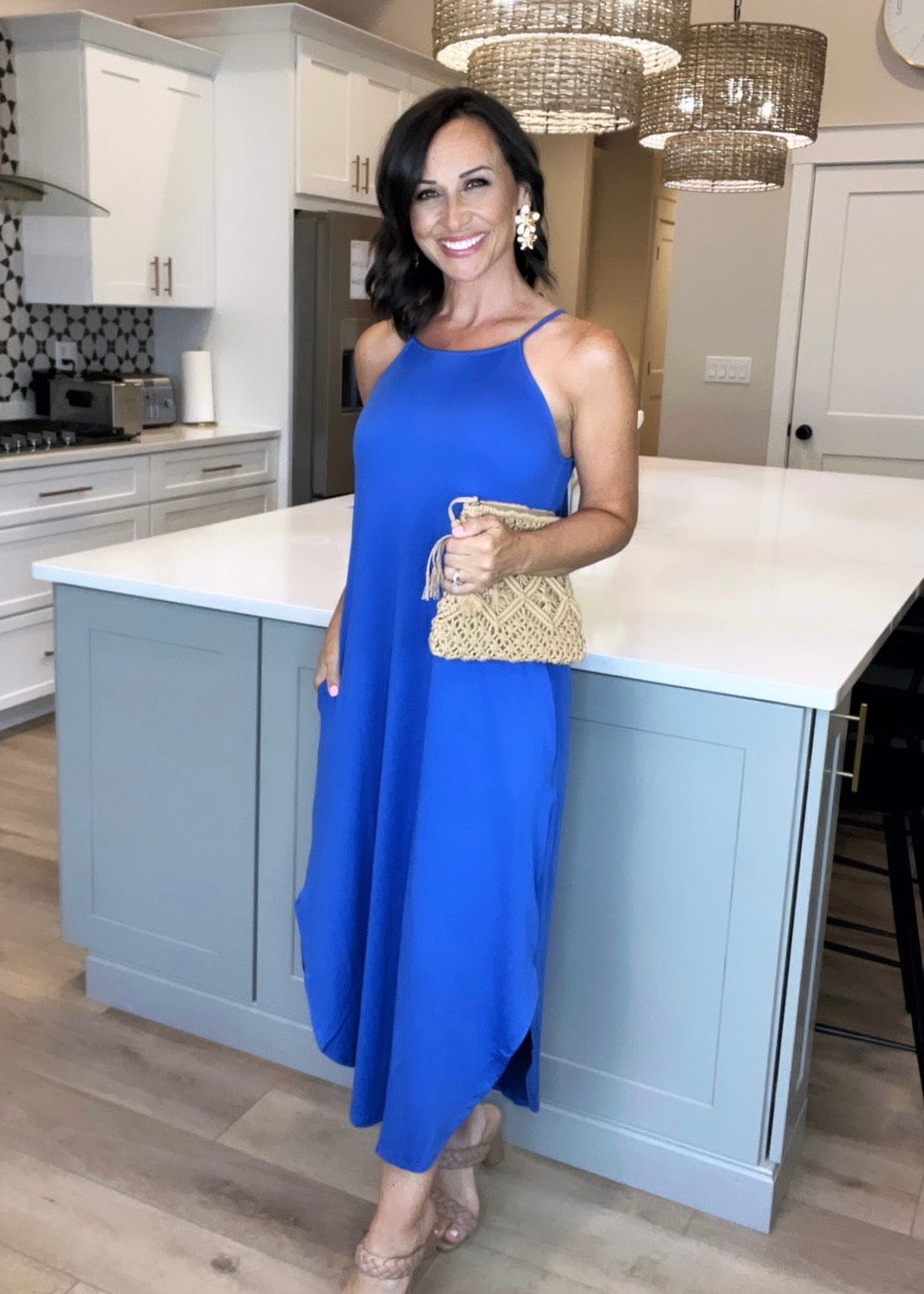 COBALT BLUE Halter Deep Slit Solid Midi Dress