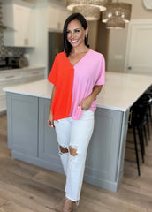 Coral/Pink Color Block Tunic Blouse Top