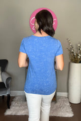 Blue Mineral Washed V Neck Short Sleeve T Shirt