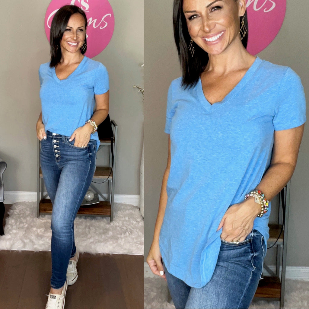SAPPHIRE BLUE Heathered V Neck Semi Loose Fit Top