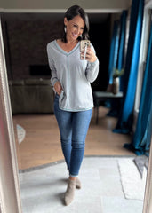 Grey/Teal Stripe V- neck contrast color stitch top