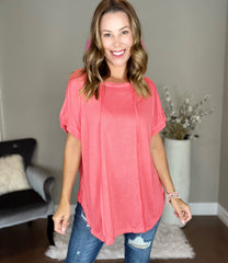Coral Pink Round Neck Exposed Seam Sleeveless Top