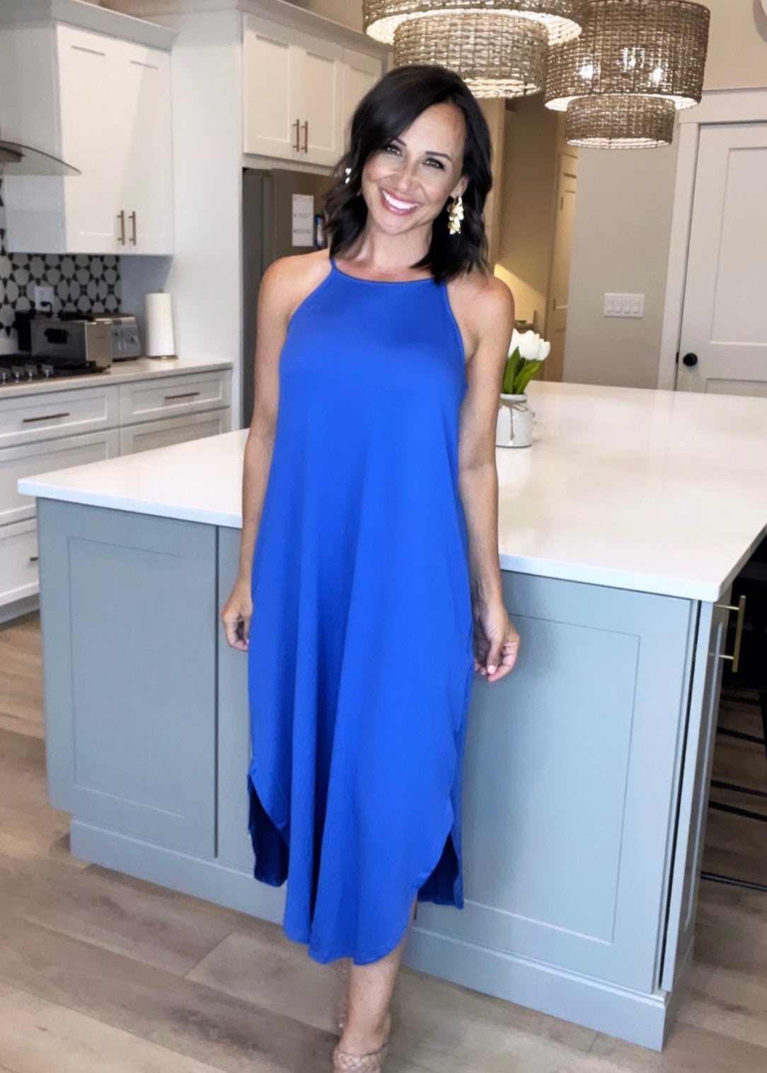 COBALT BLUE Halter Deep Slit Solid Midi Dress