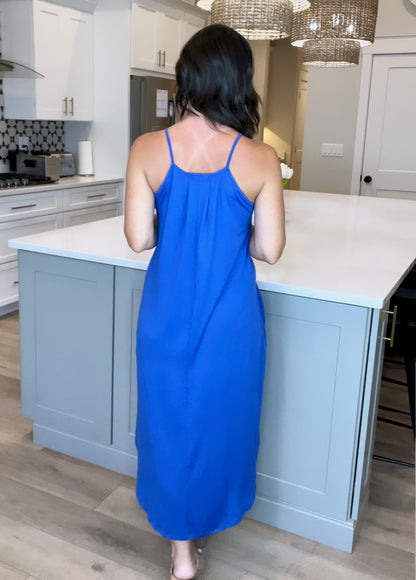 COBALT BLUE Halter Deep Slit Solid Midi Dress