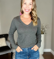 Heather Charcoal V-Neck Long Sleeve Fitted Top