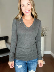 Heather Charcoal V-Neck Long Sleeve Fitted Top