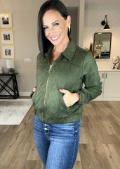 OLIVE COLLARED FRONT ZIP JACKET
