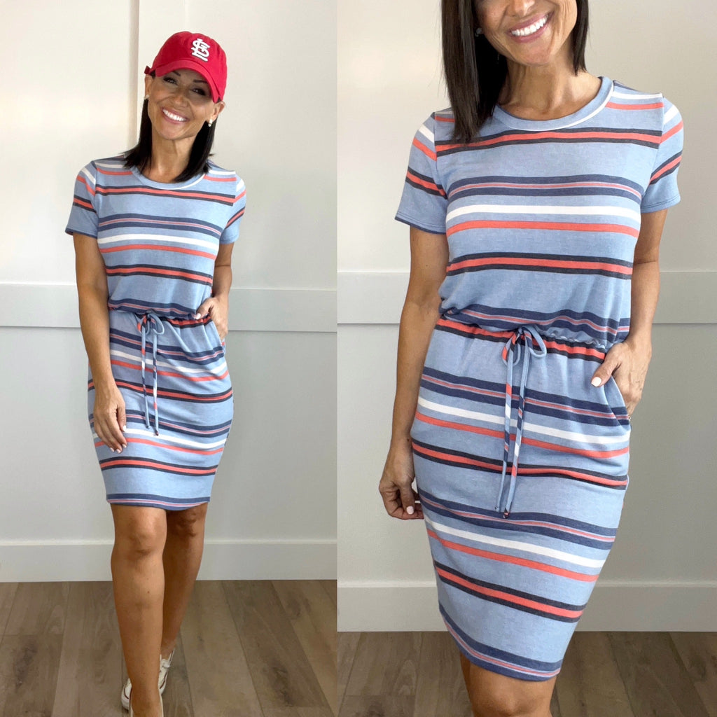 BLUE AND CORAL RED STRIPE ELASTIC WAIST DRESS