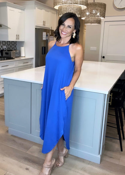 COBALT BLUE Halter Deep Slit Solid Midi Dress