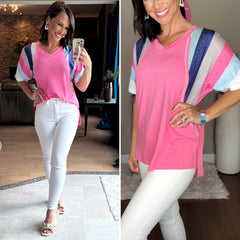 Pink Stripe Patchwork V Neck Top