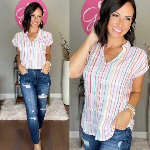 Multicolor Striped Pintuck Tiered Sleeve Blouse