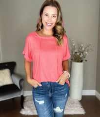 Coral Pink Round Neck Exposed Seam Sleeveless Top