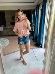 BLUSH ROUND NECK SHORT SLEEVE BLOUSE