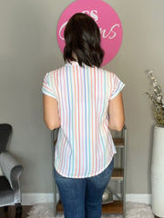 Multicolor Striped Pintuck Tiered Sleeve Blouse