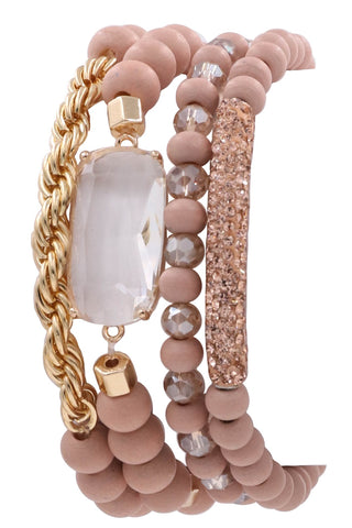 Rose Wood Bead Glass Jewel Stretch Bracelet Set