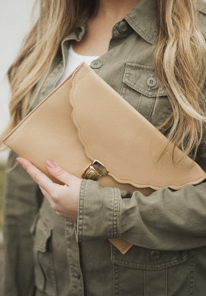 Tan Scallop Envelope Clutch with Chain