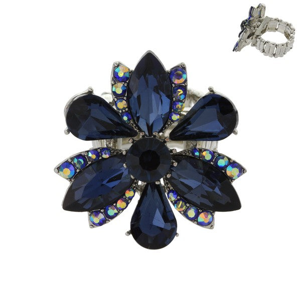 NAVY MARQUISE STONE FLOWER STRETCH RING