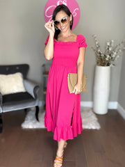 Rose Short Puff Sleeve Slit A Line Ruffle Midi Dresses