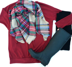 Red tunic and holiday scarf - www.shopcsgems.com