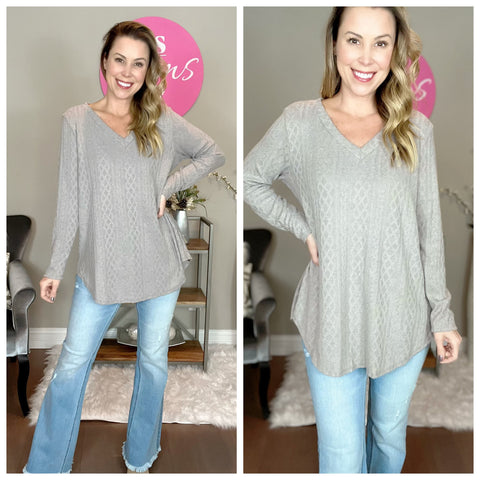 Grey Textured Knit Fabric Vneck Long Sleeve Top