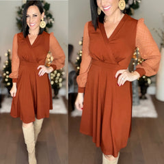Caramel Dot V Neck Fit Midi Dress