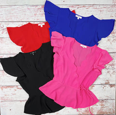 Black Scallop Surplice Woven Top