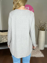 Grey Textured Knit Fabric Vneck Long Sleeve Top