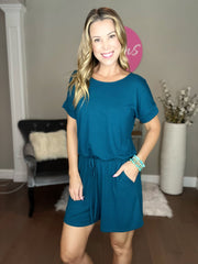 Teal Romper with Elastic Waist and Back Keyhole Detail