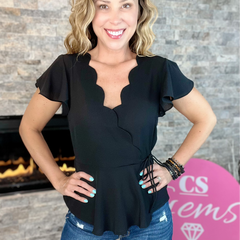 Black Scallop Surplice Woven Top