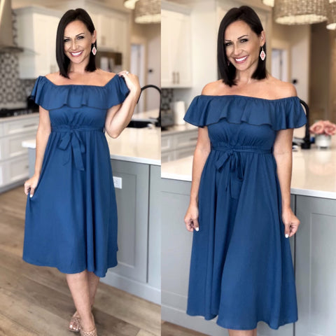 Blue Off The Shoulder Ruffle Solid Dress With Belt