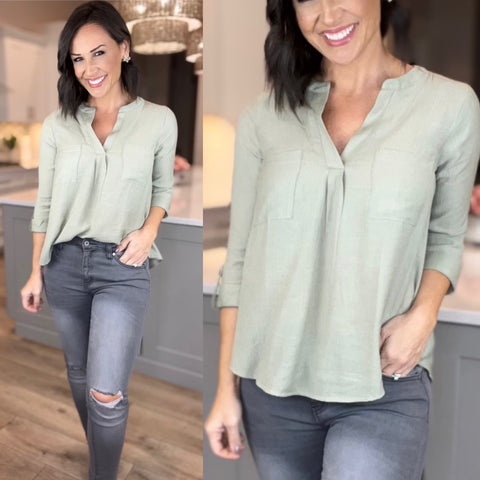 Light Olive Double Chest Pocket Woven Top