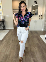Black Butterfly Sleeves Split V Neck Print Blouse