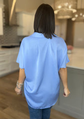 Blue Solid Color Button Down Short Sleeve Shirts