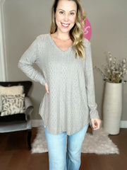 Grey Textured Knit Fabric Vneck Long Sleeve Top