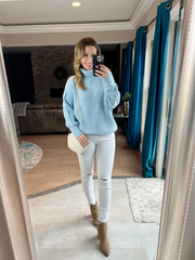 Sky Blue Cable Knit Solid Turtleneck Sweater